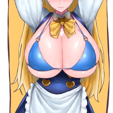 bikini top, blonde hair, blue eyes, busty, cleavage, garter belt, huge breasts, lina bell roll, stockings, thighhighs, waitress, waitress uniform, wolffeld