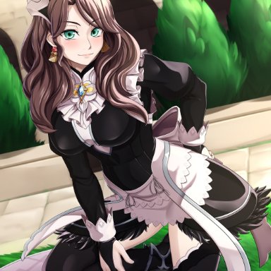 alternate costume, brown hair, clothing, dorothea (fire emblem), dorothea arnault, ear piercing, earrings, female, female only, fire emblem, fire emblem: three houses, fully clothed, green eyes, hocen, hocen hosen (artist)