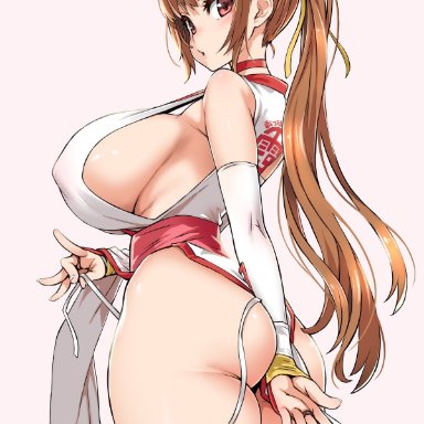 asanagi, big ass, choker, dead or alive, hair ribbon, huge breasts, kasumi, long hair, looking at viewer, looking back, nipple bulge, orange hair, ponytail, side-tie panties, sideboob