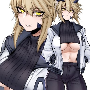 alternate costume, artoria pendragon (all), artoria pendragon (lancer alter), big breasts, blonde hair, casual, cleavage, fate (series), fate/grand order, hair bun, hands in pockets, j.k., jacket, looking at viewer, midriff