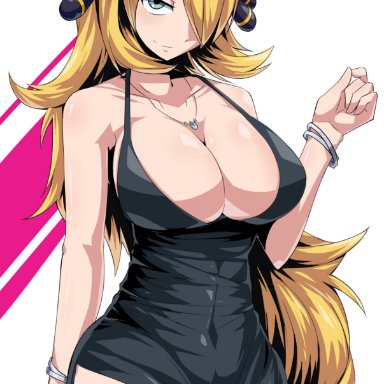 1girls, 2019, alternate breast size, alternate outfit, bare arms, bare shoulders, black dress, blonde hair, bracelet, breasts, cleavage, closed mouth, collarbone, covered navel, cynthia (pokemon)