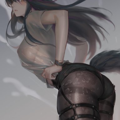 animal ears, arknights, cum, nipples, no bra, pantyhose, see through, short shorts, tail, texas (arknights), youyi (jiam009)