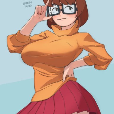 barley shake, big breasts, brown hair, clothed female, female, female only, glasses, scooby-doo, short hair, skirt, solo, solo female, solo focus, velma dinkley