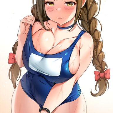 blush, brown eyes, brown hair, collar, embarrassed, huge breasts, swimsuit, tagme, tem10, thick thighs, wide hips