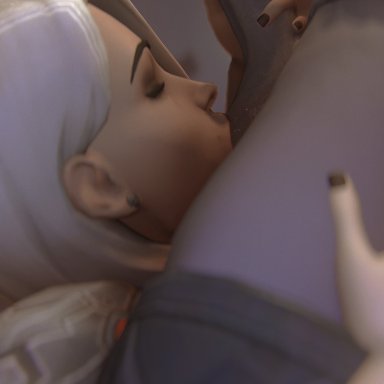 1futa, 1girls, 3d, 3d (artwork), alternate costume, ashe (overwatch), ball sucking, balls, black fingernails, blue skin, closed eyes, dickgirl, dickgirl/female, erect penis, erection