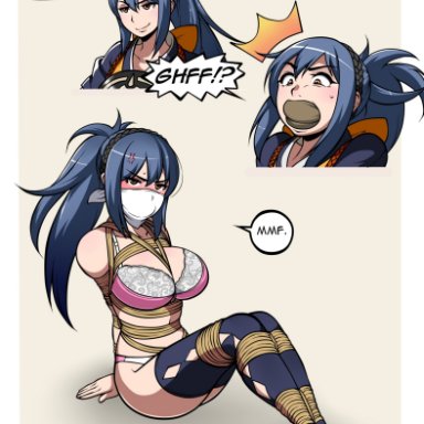 angry, bare shoulders, between breasts, blue hair, blush, bondage, dialogue, fire emblem, fire emblem fates, gag, gagged, jam-orbital, legs tied, legs together, nintendo