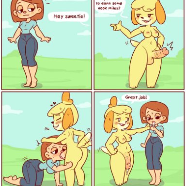 animal crossing, anthro, anthro penetrating, anthro penetrating human, balls, barefoot, blush, breasts, canid, canine, canis, clothed, clothed/nude, clothing, domestic dog