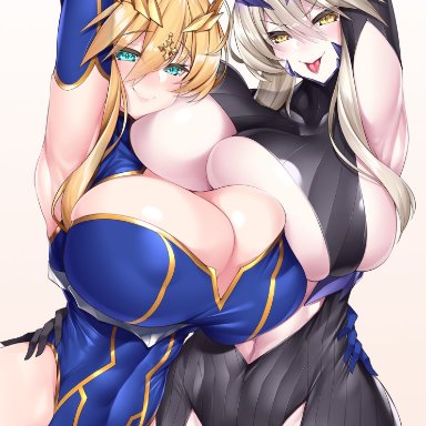 2girls, armpits, arms up, artoria pendragon (all), artoria pendragon (lancer alter), artoria pendragon (lancer), blonde hair, blue eyes, curvy, fate (series), fate/grand order, hair bun, hair ornament, huge breasts, leotard