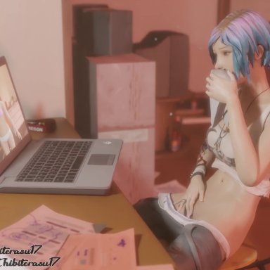 3d, animated, blue hair, brown hair, chibiterasu17, chloe price, clothes sniffing, female, fingering, laptop, life is strange, masturbation, max caulfield, short hair, sniffing