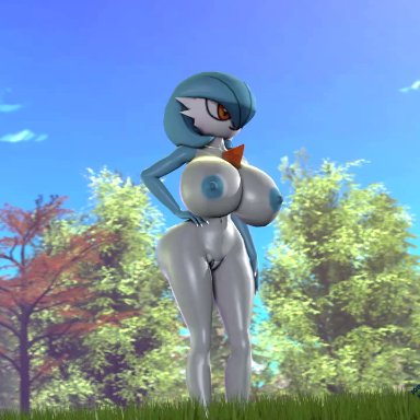 1girls, 3d, alternate color, animated, anthro, anthrofied, aura, breast expansion, breast grab, breast growth, breasts, expansion, female, gardevoir, huge breasts