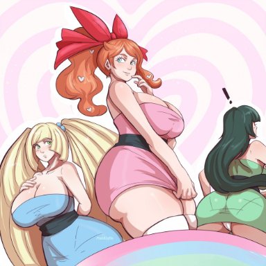 !, 3girls, aether foundation, alternate breast size, alternate outfit, ass, big ass, big breasts, blonde hair, blossom, blossom (powerpuff girls), blue eyes, blush, bubbles (powerpuff girls), bursting breasts