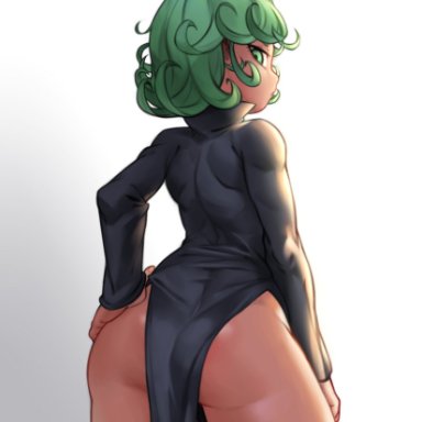 1girls, arm at side, ass, big ass, black dress, butt, curly hair, dress, female, green eyes, green hair, hand on hip, highleg, highres, kelvin hiu