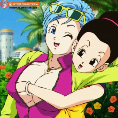 2girls, animated, big breasts, black hair, blue hair, bulma briefs, chichi, dragon ball, dragon ball super, female only, foxybulma, hair bun, long hair, mature female, milf