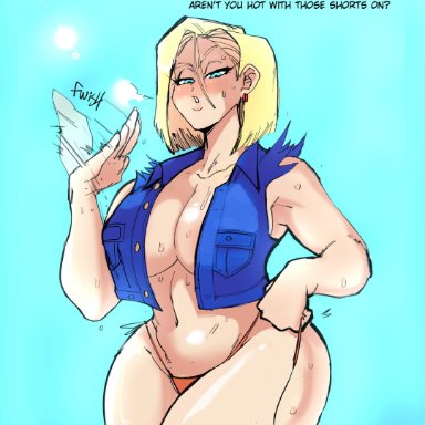 1girls, abs, alternate breast size, android 18, armpits, blonde hair, cleavage, dragon ball, dragon ball z, embo, eye contact, fanning self, female, female only, half-closed eyes