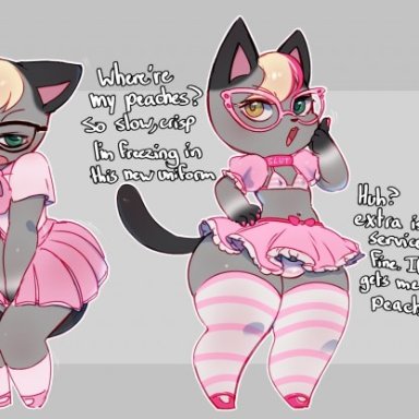 animal crossing, anthro, ass, big butt, blonde hair, bra, butt expansion, butt grab, buttplug, clothed, clothing, collar, crossdressing, dialogue, domestic cat