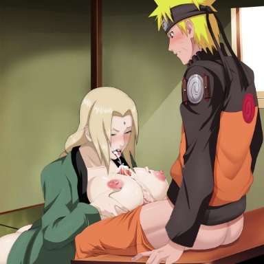 1boy, 1girls, age difference, ass, blush, breasts, cum, cumshot, desk, female, huge breasts, male, mature female, naruto, naruto bomb