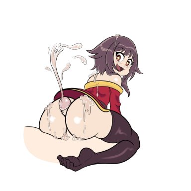 1boy, 1girls, ass, buttjob, cum, cum on ass, cumshot, drillslewds, kono subarashii sekai ni shukufuku wo!, looking back, male pov, megumin, pov, thighhighs