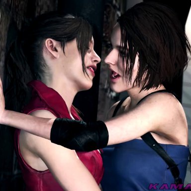 2girls, 3d, animated, claire redfield, female, female only, french kissing, jill valentine, kamadeva, kissing, open mouth, resident evil, resident evil 2, resident evil 3, sound