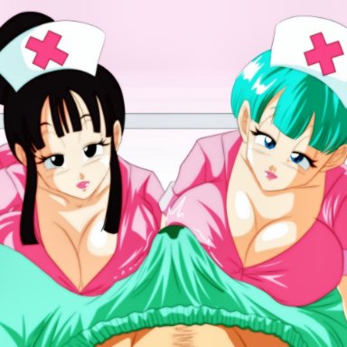 big breasts, black eyes, black hair, blue eyes, blue hair, breasts, bulge, bulma briefs, chichi, doctor, dragon ball, erection under clothes, hair bun, hairbun, hospital