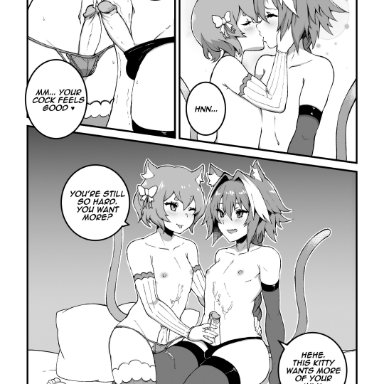 astolfo (fate), cat ears, cat tail, comic, cum, fate (series), felix argyle, kissing, lingerie, nekomata, penis, pizzachan, re:zero kara hajimeru isekai seikatsu, trap, trap on trap