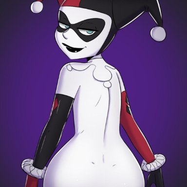 artist signature, ass, black lipstick, cubedcoconut, dc, female, female only, gloves, harley quinn, hat, jester cap, looking at viewer, mask, nude female, ruffles