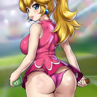 ass, bare shoulders, big ass, blonde hair, blue eyes, blush, butt crack, dat ass, female, female only, from behind, human, leonart, lipstick, looking at viewer