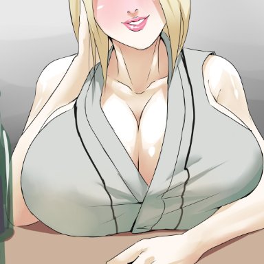 1girls, alcohol, big breasts, blonde hair, blush, breasts on table, cleavage, drunk, female, female only, huge breasts, long hair, mature female, naruto, shinimi