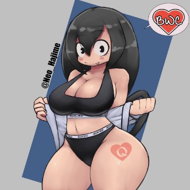 asian female, big ass, big breasts, bleached, bwc, clothed, frog girl, my hero academia, neo hajime, queen of hearts, sports bra, tongue out, tsuyu asui, white skin, wide hips