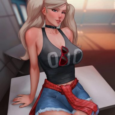 ann takamaki, blonde hair, breasts, choker, cleavagae, female, jeans, kotan, large breasts, looking at viewer, no sound, panties, persona, persona 5, pubic hair