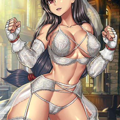 1girls, abs, armwear, big breasts, bra, breasts, bridal lingerie, bride, church, dark brown hair, earrings, female, female focus, final fantasy, final fantasy vii