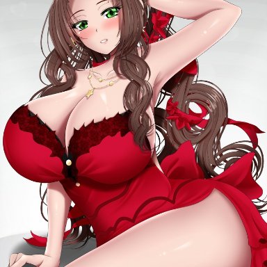 aerith gainsborough, big breasts, braided ponytail, brown hair, dress, female, female only, final fantasy, final fantasy vii, green eyes, long hair, solo, solo female, solo focus, tsukima mass