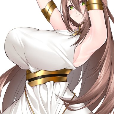 1girls, armpits, arms behind head, arms up, blush, brown hair, character request, dress, green eyes, huge breasts, long hair, looking at viewer, pale-skinned female, smile, source request