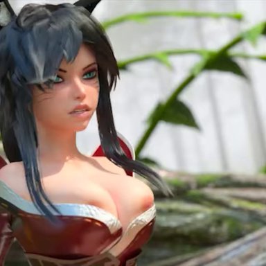 3d, ahri, animal ears, animated, ass, black hair, blue eyes, bouncing breasts, breasts, breasts out, cleavage, cowgirl position, dress, female, fox girl