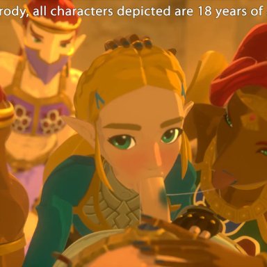 1boy, 3d, 4girls, animated, blender, breath of the wild, cum, cumshot, dark skin, dark-skinned female, erection, fellatio, female, foreskin, gerudo