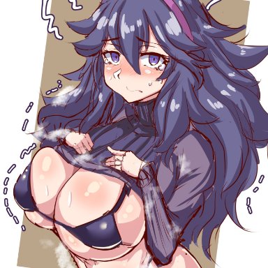 1girls, ahoge, alternate breast size, alternate outfit, bikini, blush, cleavage, clothed, embarrassed, eye contact, heavy breathing, hex maniac, huge breasts, human, long hair