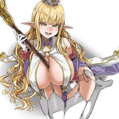 :d, 1girls, animated, areolae, asanagi, bangs, bare shoulders, between breasts, blonde hair, blunt bangs, blush, breasts, breasts out of clothes, cleavage, detached sleeves