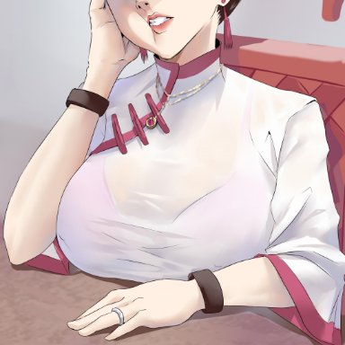 1girls, boruto: naruto next generations, bra, desk, earrings, female, female only, head out of frame, jewelry, large breasts, naruto, necklace, ring, see-through, shinimi (nishimiya shirone)