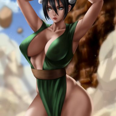 alternate breast size, avatar the last airbender, big breasts, black hair, blue eyes, female, female only, hair bun, hayes-irina, long hair, solo, solo female, solo focus, thick thighs, toph bei fong