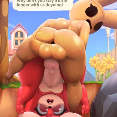 1boy, anal, anal penetration, anal sex, animal crossing, anthro, anus, ass, balls, belly bulge, big balls, coco (animal crossing), coco (picturd), duo, english text