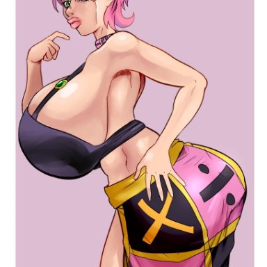 ass, big breasts, breasts, commission, green eyes, huge ass, huge breasts, jojo's bizarre adventure, lemonfont, lipstick, pink background, pink hair, side view, sideboob, skirt