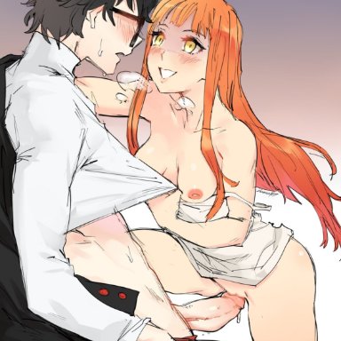 akira kurusu, big penis, black hair, blush, clothed, clothing, glasses, horny, kenshin187, persona, persona 5, red hair, sakura futaba, shirt lift, short hair