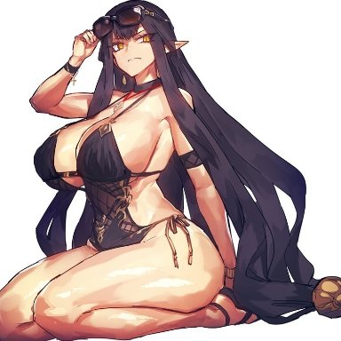 alternate costume, bikini, choker, dark hair, fate (series), fate/apocrypha, fate/grand order, huge breasts, melon22, one-piece swimsuit, pointy ears, semiramis (fate), side-tie bikini, sunglasses, thick thighs