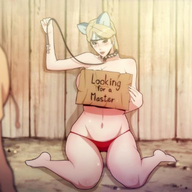 1boy, 1girls, animal ears, barefoot, blonde hair, blush, breasts, cat ears, clothed male nude female, covering, forehead protector, leash, naruto, naruto shippuden, naruto: the last