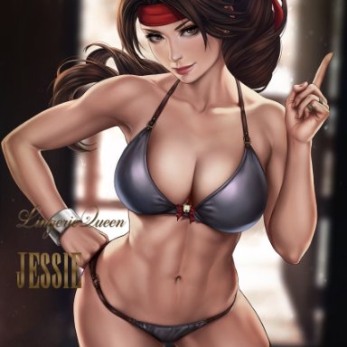 1girls, abs, bandana, big breasts, bikini, breasts, brown eyes, brown hair, cleavage, dandon fuga, female, female only, final fantasy, final fantasy vii, jessie rasberry