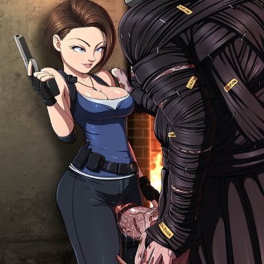 1boy, 1girls, 4:5, background, big breasts, big penis, blue eyes, brown hair, clothed, clothed female, faceless male, female, gun, huge cock, imminent sex