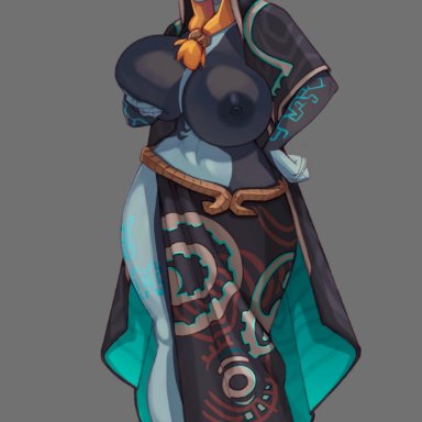 1girls, abs, alternate breast size, angry, feet, female, full body, grey skin, half-closed eyes, huge breasts, kerosundae, midna, orange hair, simple background, solo