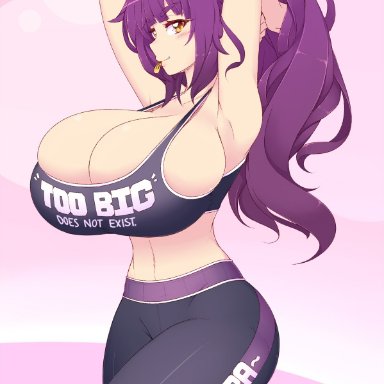 1girls, 2020, ara ara, armpits, arms behind head, arms up, blush, breasts, bursting breasts, cleavage, clothes writing, crankyconstruct, curvy, eyebrows visible through hair, female