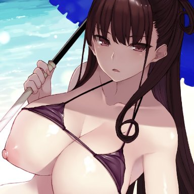 bangs, beach, bikini, bikini lift, blush, breasts, brown hair, cleavage, cocq taichou, collarbone, double bun, fate (series), fate/grand order, female, frilled umbrella