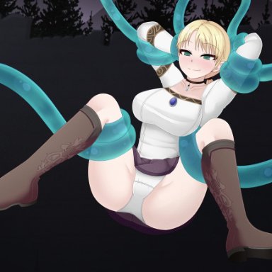 1girls, anal, anal penetration, anus, blonde hair, blue eyes, blush, breasts, capcom, closed eyes, clothing, consensual tentacle sex, cum, cum in pussy, cum in uterus