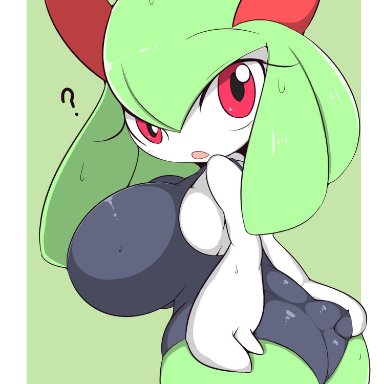 ?, 1girls, anthro, anthrofied, clothed, curvaceous, green hair, huge ass, huge breasts, kirlia, looking back, nintendo, pokemon, pokemon rse, red eyes